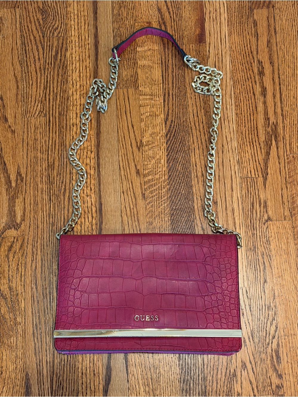 GUESS Magenta Croc-Embossed Chain Strap Crossbody with Gold Accent